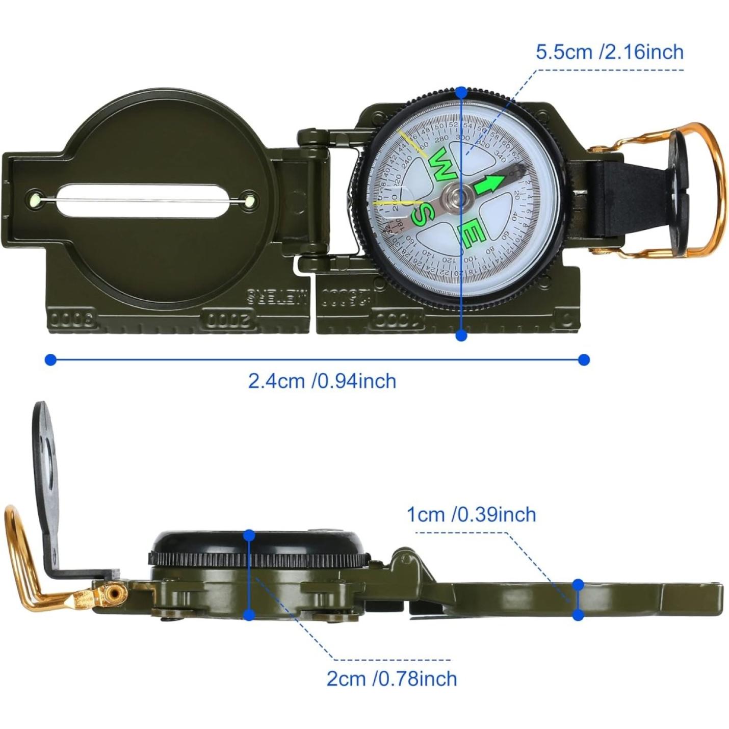 Afmetingen van een militair Marskompas tonen zowel gesloten als open aanzichten: diameter van het kompas, dikte in gesloten toestand en lengte in geopende toestand.
Productnaam: Marskompas, het onmisbare hulpmiddel voor avontuurlijke wandelaars