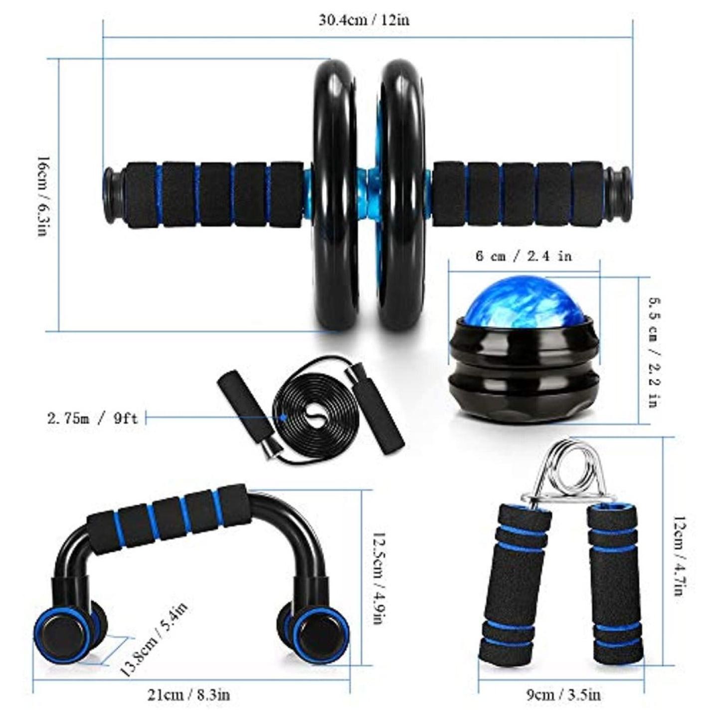 Zin met productnaam: Krijg een perfecte figuur met onze 6in1 fitnessset, inclusief een ab roller, push-up bars, een springtouw en een core bal, met hun afmetingen aangegeven in zowel inches als centimeters.