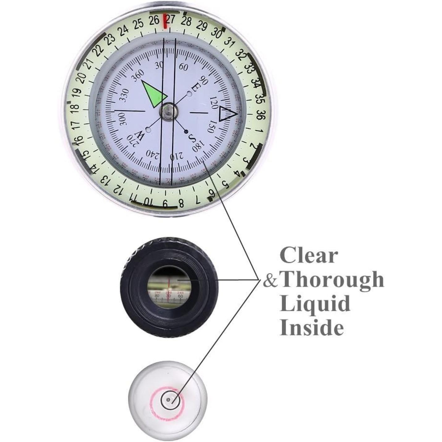 Een Militair marskompas: de ultieme gids voor buitenactiviteiten met een heldere, met vloeistof gevulde behuizing met richtingsmarkeringen en een ventieldopje voor kalibratie.