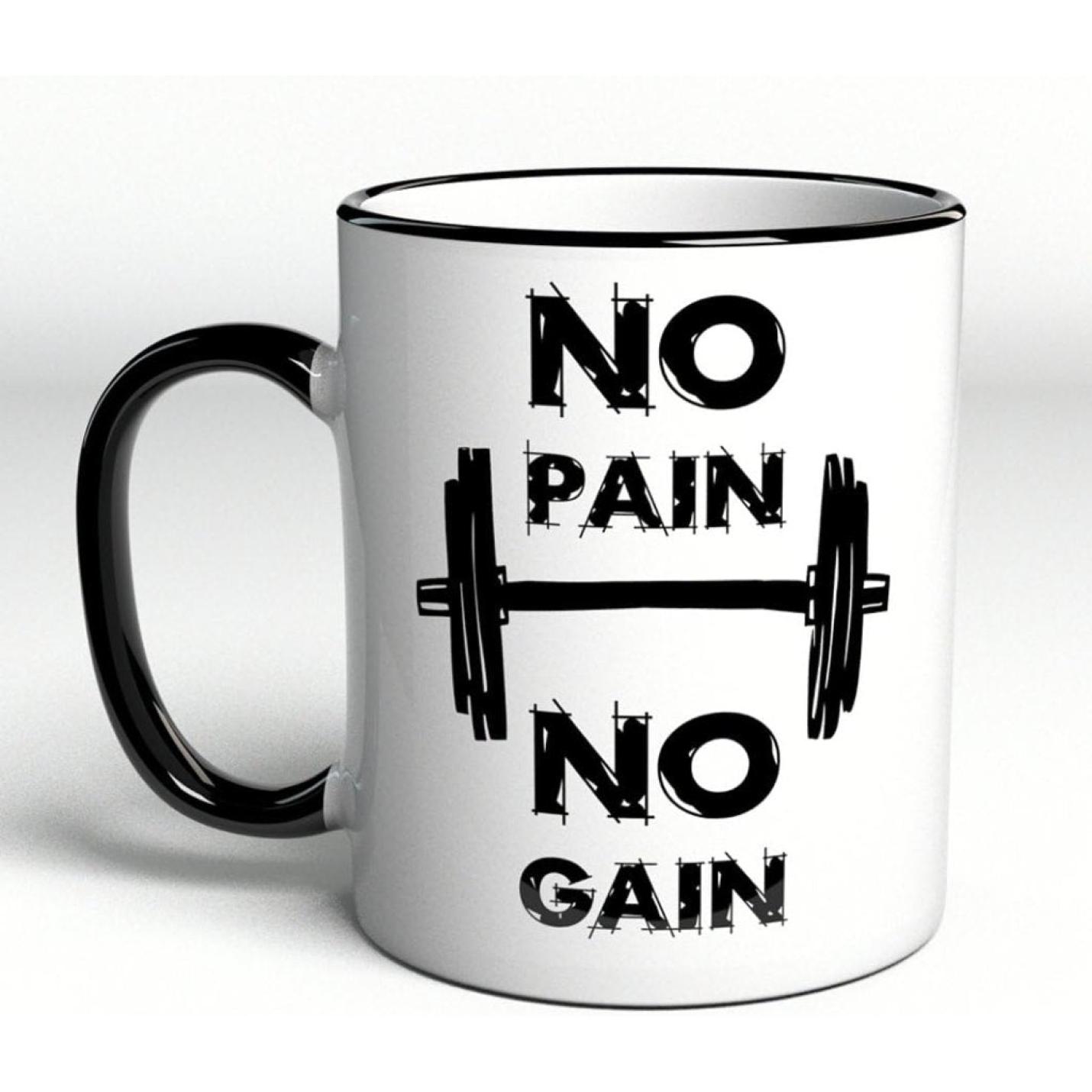 Mok met spreuk/opschrift "No Pain No Gain" - happygetfit.com