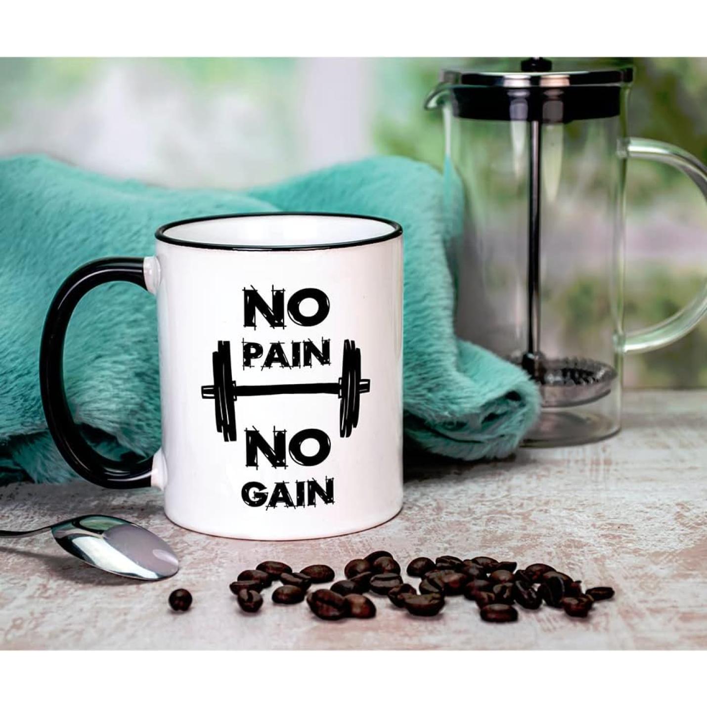 Mok met spreuk/opschrift "No Pain No Gain" - happygetfit.com