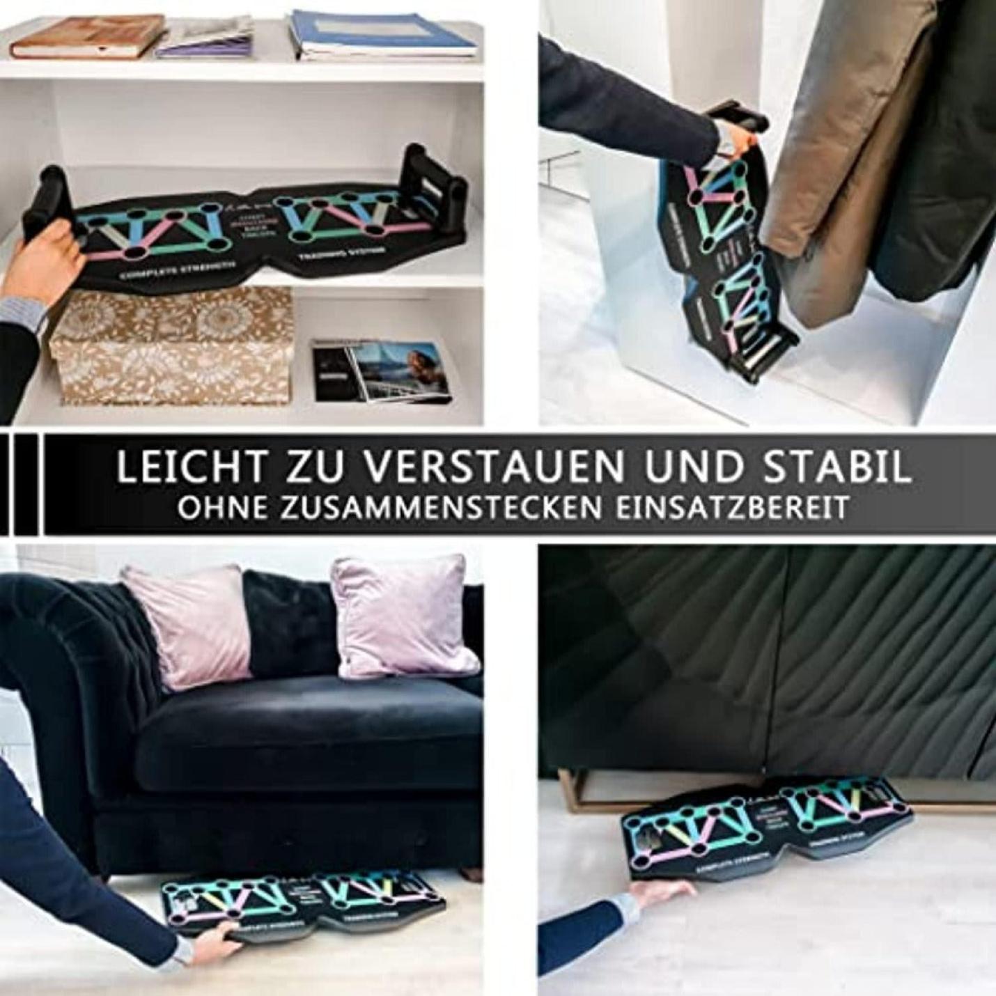 Collage met een multifunctioneel push-up board voor een complete fitnesstraining, gebruikt in verschillende situaties, zoals opbergen onder een bed en in een kast schuiven.