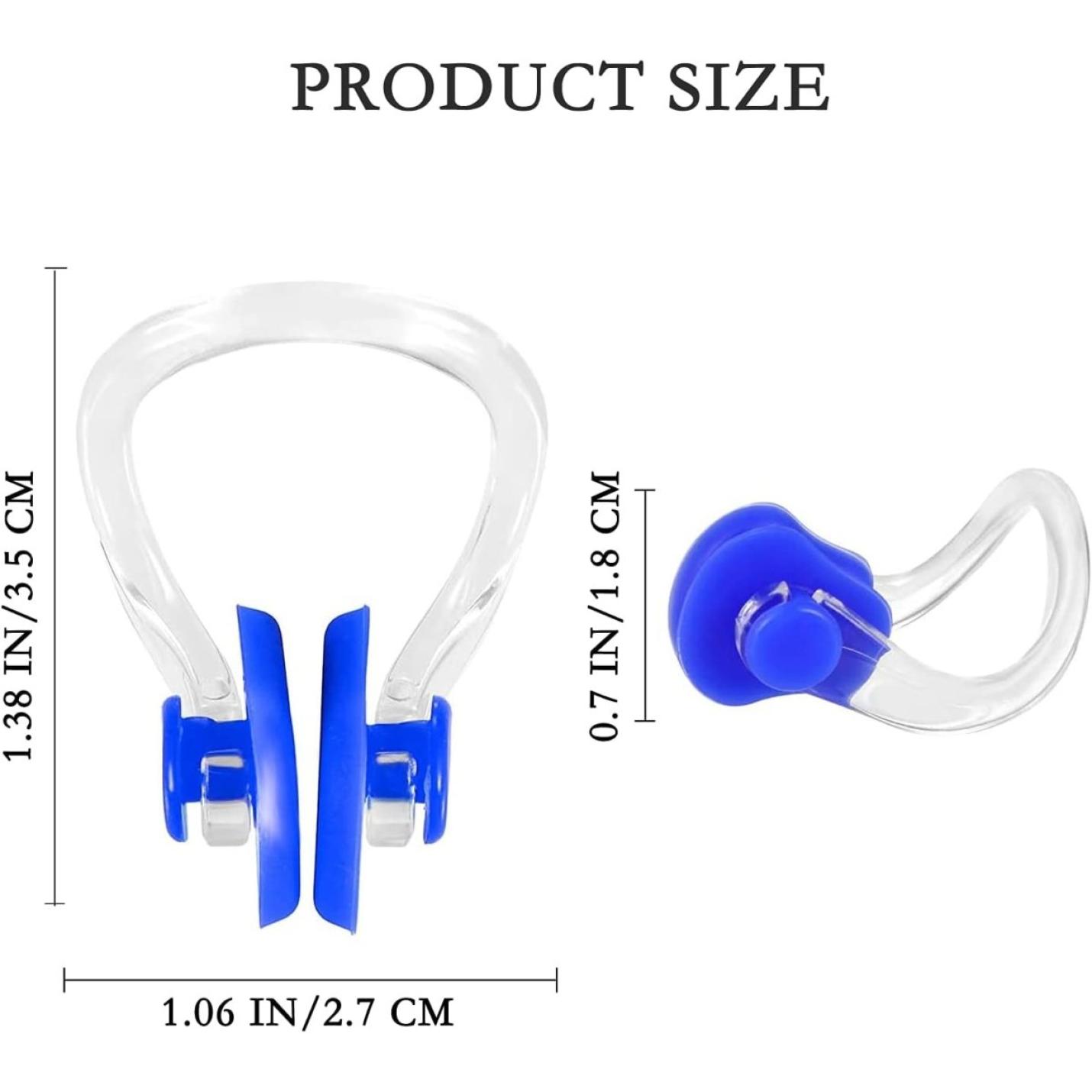 Een heldere en blauwe Neusclips voor zwemmen neusspreider met de aangegeven afmetingen: 1,38 inch hoog, 1,06 inch breed en 0,71 inch diep.
