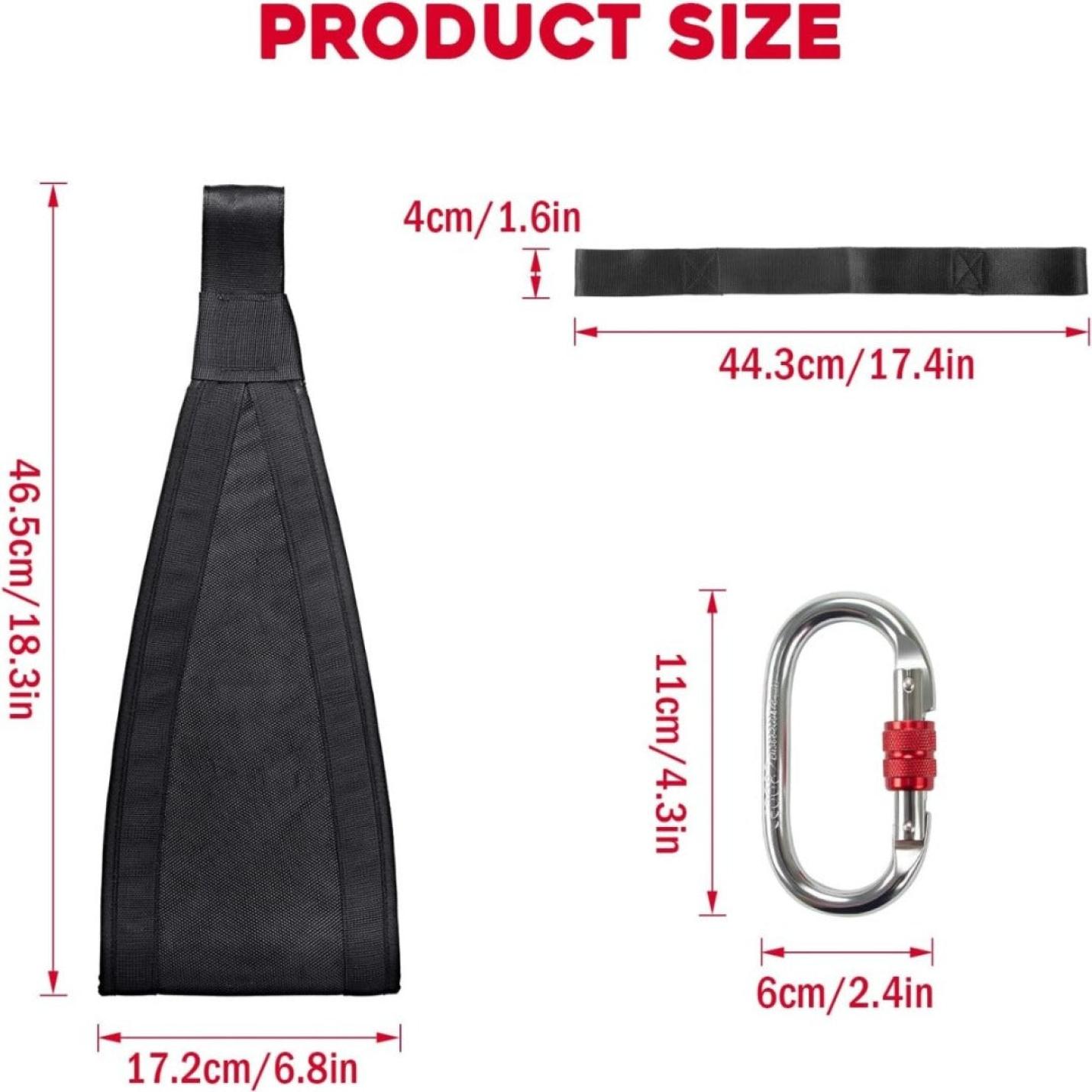 Diagram met de afmetingen van een buikspierlussen en een multifunctionele karabijnhaak, met afmetingen weergegeven in zowel centimeters als inches.