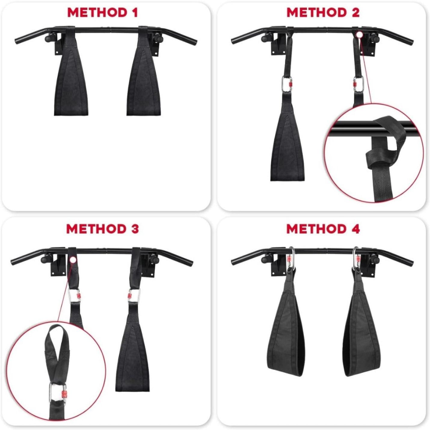 Vier voorbeeldmethoden voor het bevestigen van buikspierlussen aan een multifunctionele horizontale bar.