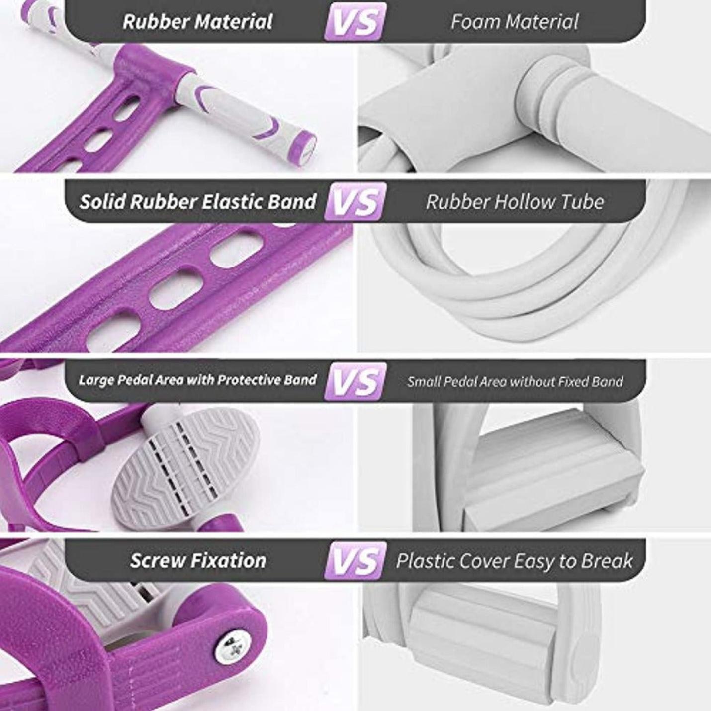 Vergelijking van materialen voor oefenapparatuur: rubberen handgrepen versus schuim, compacte weerstandsbuis versus holle buizen, groot pedaaloppervlak met band versus klein, en schroefbevestiging versus plastic hoes.