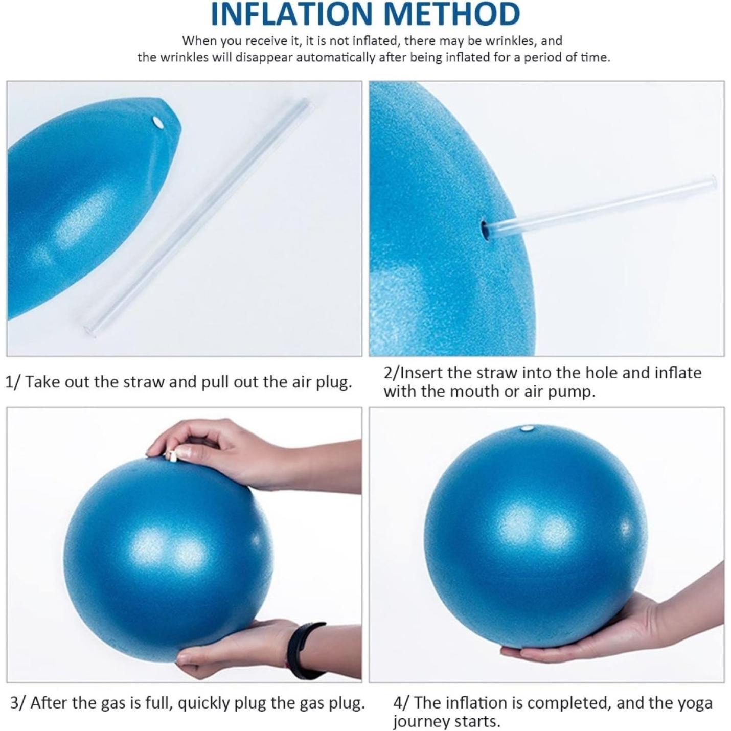 Stapsgewijze visuele instructies voor het opblazen van een blauwe Pilates-bal met een rietje en een plug.