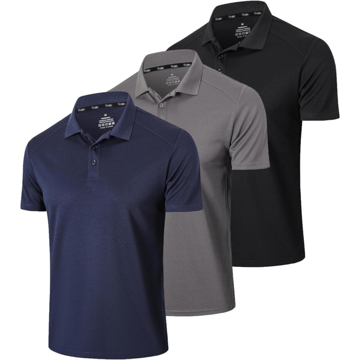 Poloshirts voor heren, 3-pack, met korte mouwen, Dry Fit, lichtgewicht, golf, casual, kraag, tops, luchtdoorlatend, vochtabsorberend, werk, shirts - happygetfit.com