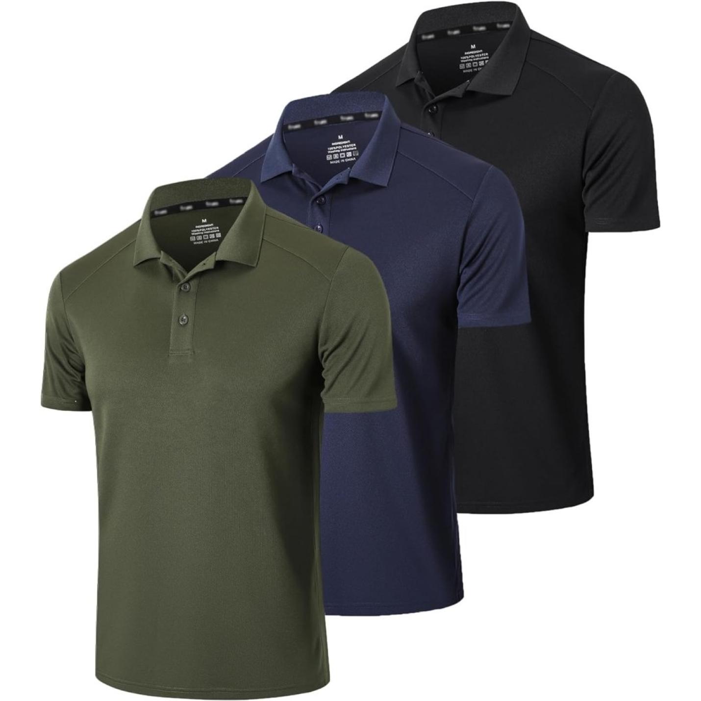 Poloshirts voor heren, 3-pack, met korte mouwen, Dry Fit, lichtgewicht, golf, casual, kraag, tops, luchtdoorlatend, vochtabsorberend, werk, shirts - happygetfit.com