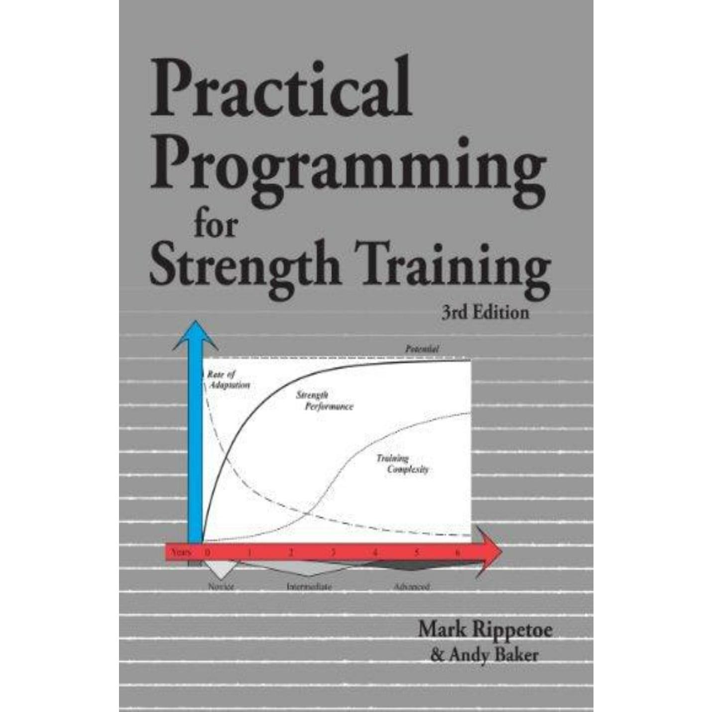 Cover van het product "Praktisch programmeren voor krachttraining (Engelse editie)" door Mark Rippetoe en Andy Baker, met een grafiek over de complexiteit van krachttraining.