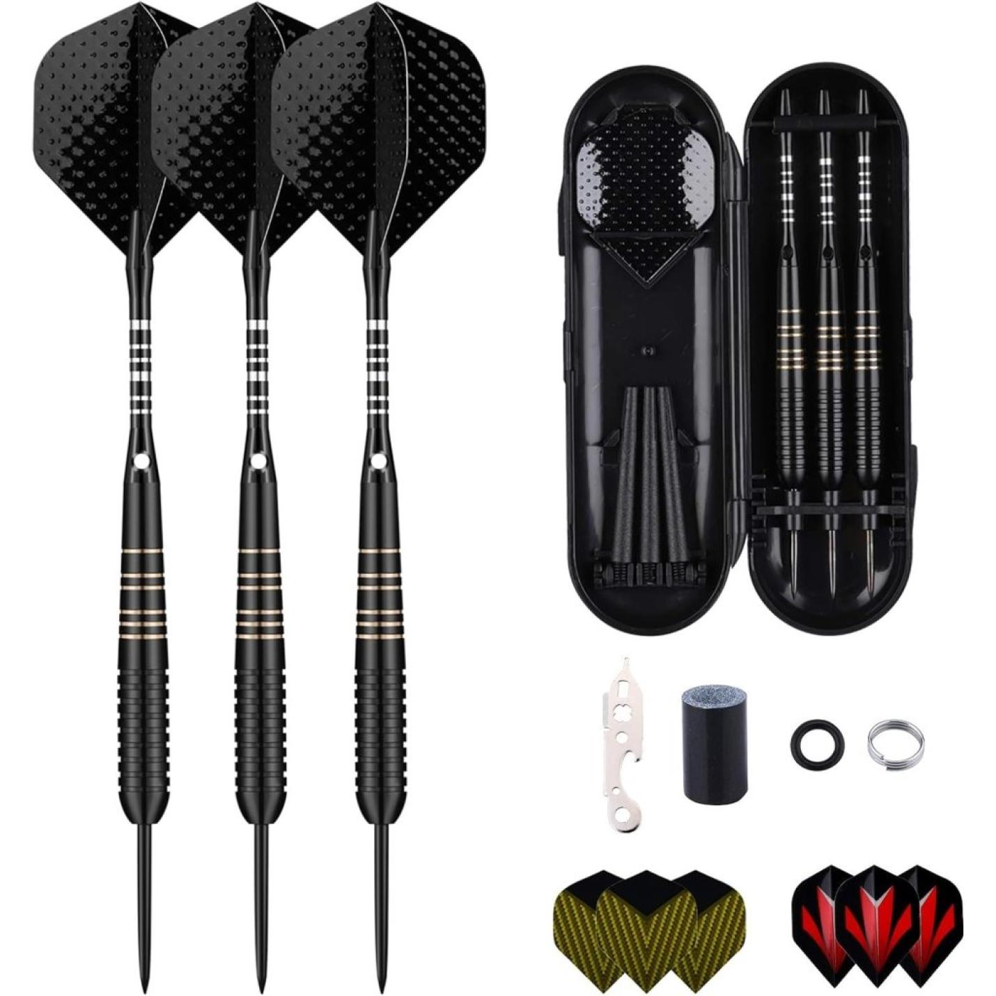 Professionele 3-pack 22g, 23g, 24g, 27g stalen tip dartset met dartstengels vluchten + 50 stuks rubberen O-ringen + 12 stuks veerringen + 1 stuks dartslijper gereedschap voor dartbord - happygetfit.com