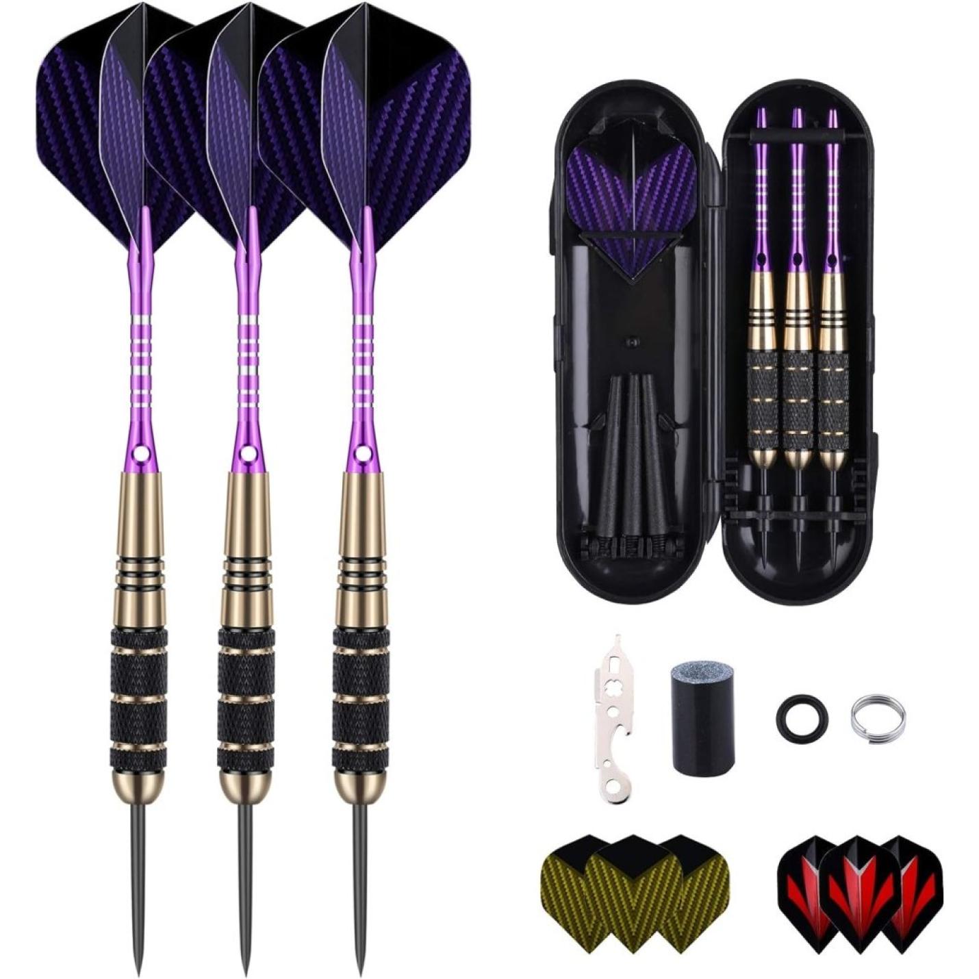 Professionele 3-pack 22g, 23g, 24g, 27g stalen tip dartset met dartstengels vluchten + 50 stuks rubberen O-ringen + 12 stuks veerringen + 1 stuks dartslijper gereedschap voor dartbord - happygetfit.com