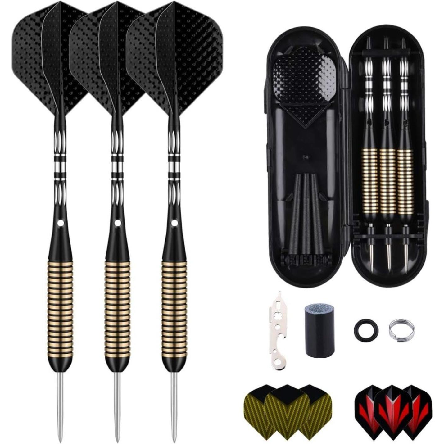 Professionele 3-pack 22g, 23g, 24g, 27g stalen tip dartset met dartstengels vluchten + 50 stuks rubberen O-ringen + 12 stuks veerringen + 1 stuks dartslijper gereedschap voor dartbord - happygetfit.com