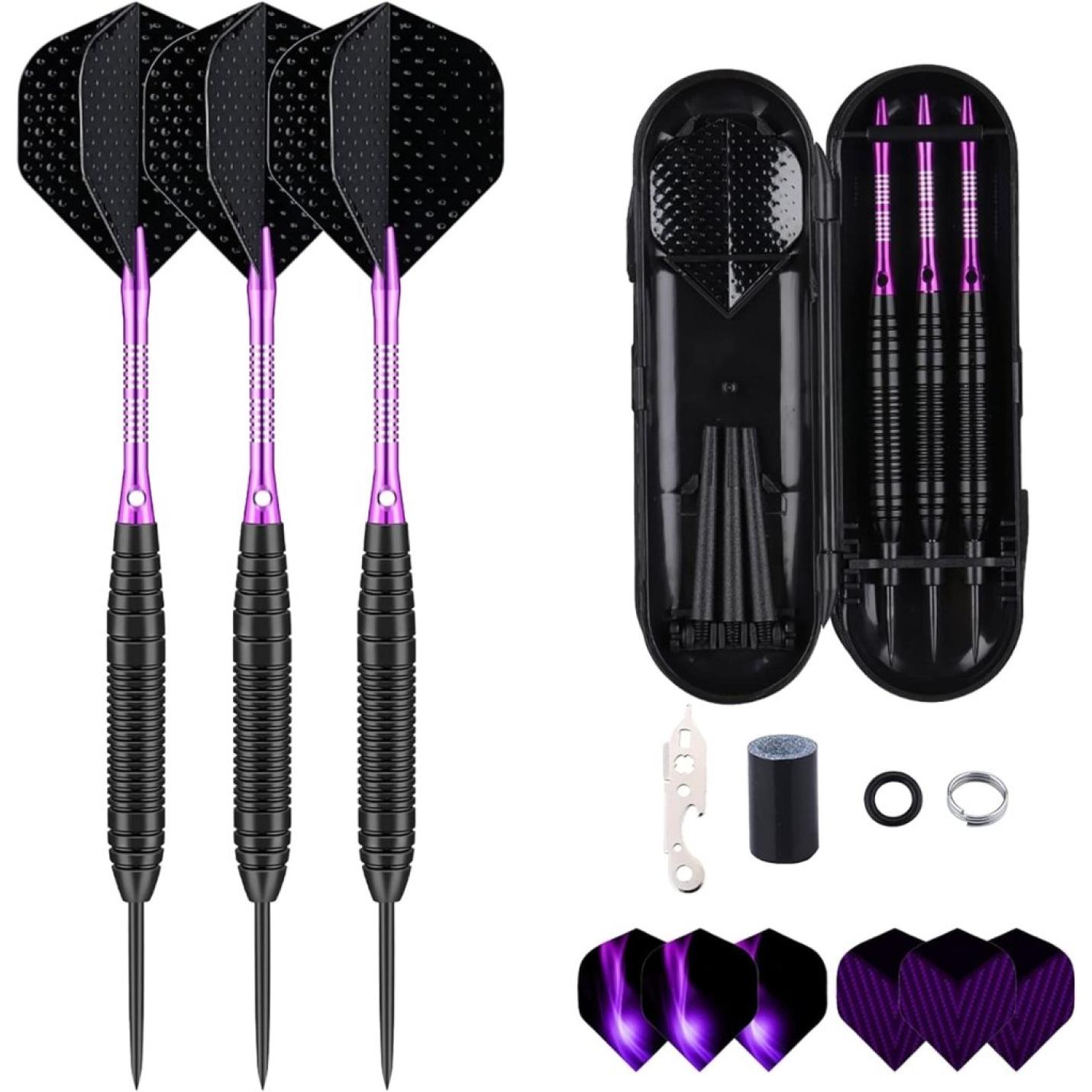 Professionele 3-pack 22g, 23g, 24g, 27g stalen tip dartset met dartstengels vluchten + 50 stuks rubberen O-ringen + 12 stuks veerringen + 1 stuks dartslijper gereedschap voor dartbord - happygetfit.com