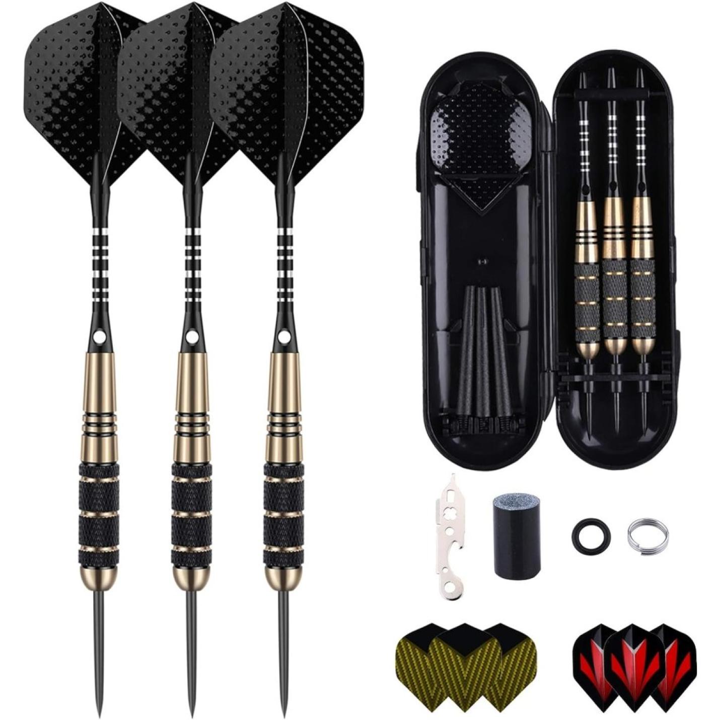 Professionele 3-pack 22g, 23g, 24g, 27g stalen tip dartset met dartstengels vluchten + 50 stuks rubberen O-ringen + 12 stuks veerringen + 1 stuks dartslijper gereedschap voor dartbord - happygetfit.com