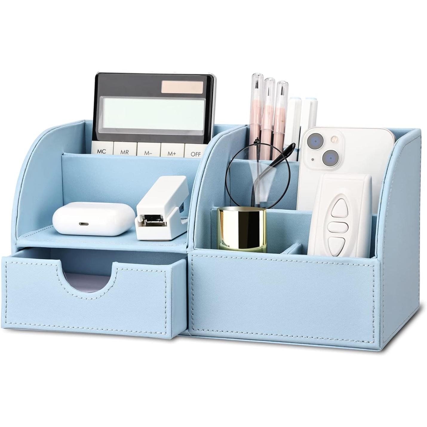 Blauwe Luxe PU Leren Bureau Organizer: een stijlvolle en functionele manier om uw bureau te organiseren met kantoorbenodigdheden opbergen, inclusief een rekenmachine, pennenhouder, nietmachine, oordopjes