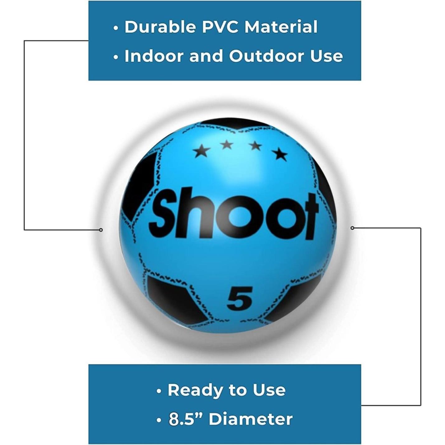 Blauwe PVC voetbal: de perfecte speelkameraad voor je kind met "shoot" tekst en sterren, die de duurzaamheid benadrukken, geschiktheid voor binnen- en buitengebruik, en 8,5" diameter, klaar voor gebruik.