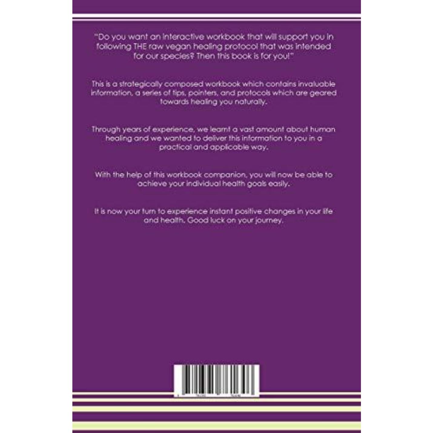 Achteromslag van "Reversing Papular Purpuric Gloves & Socks Syndrome: Healing Herbs The Raw Vegan Plant-Based Detoxification & Regeneration Workbook For Healing Patient Volume 8" met tekst en een streepjescode, die een werkboekgenoot biedt over rauwe veganistische genezing, geschreven in paarse tekst op een roze achtergrond.