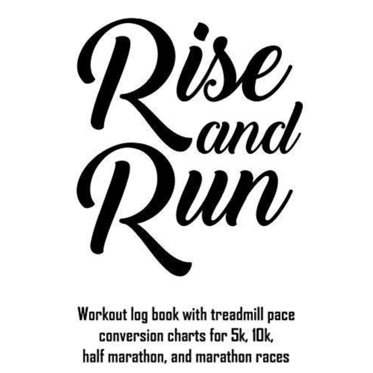 Grafisch ontwerp met het Rise and Run: trainingslogboek met conversiegrafieken voor loopbandtempo voor 5 km, 10 km, halve marathon en marathonraces.