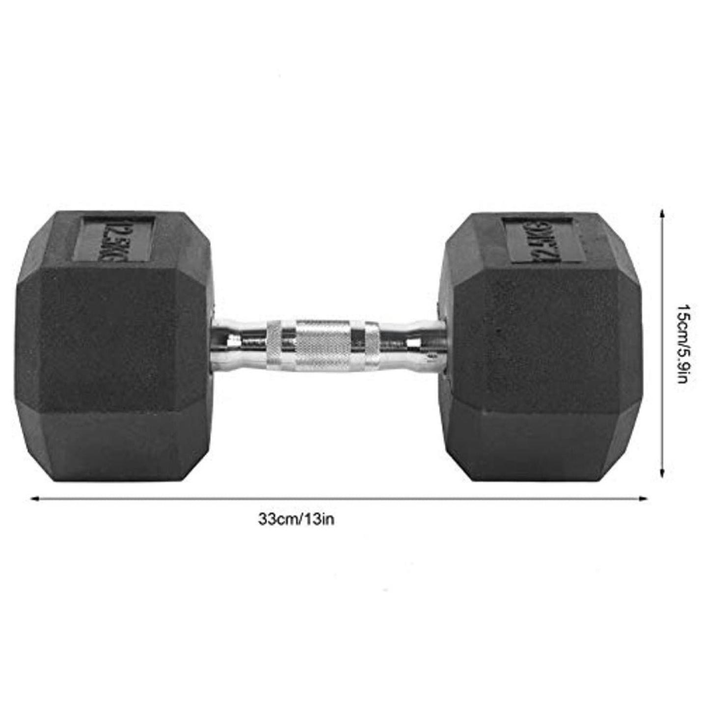 Ontdek de kracht en duurzaamheid van onze rubberen hexagon dumbbells, 25KG met een rubberen coating en metalen handvat, afmetingen aangegeven als 33 cm lang en 15 cm hoog.