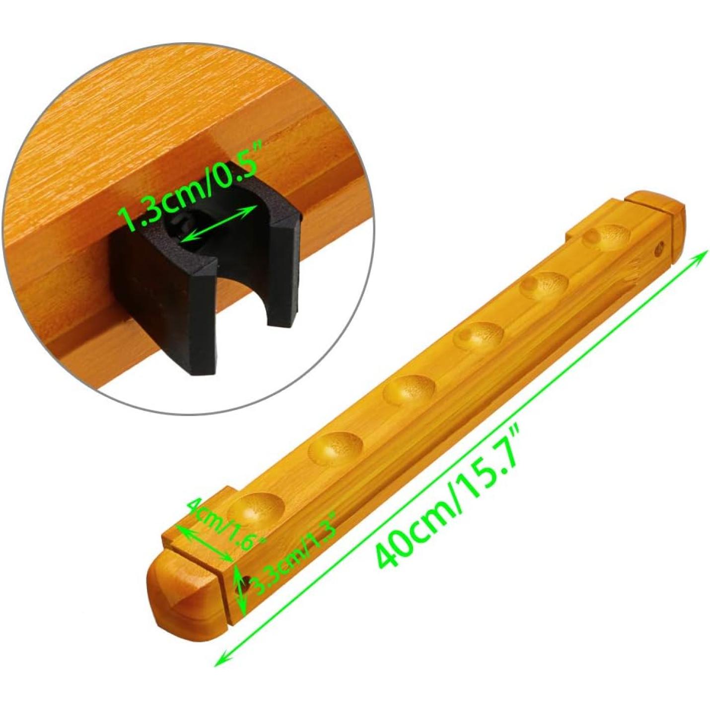 Organiseer je pool en biljart keuze met ons keu rek met afmetingen en close-up van de verbinding, die de details van grootte en constructie laat zien, ideaal voor wandmontage.