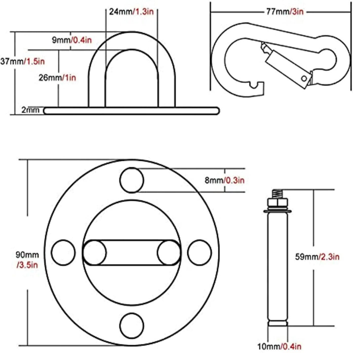 Technische blauwdruk van diverse mechanische componenten met maataanduidingen, inclusief schommelhaken gemaakt van Geniet zorgeloos van je schommel - Veiligheid en duurzaamheid gegarandeerd!