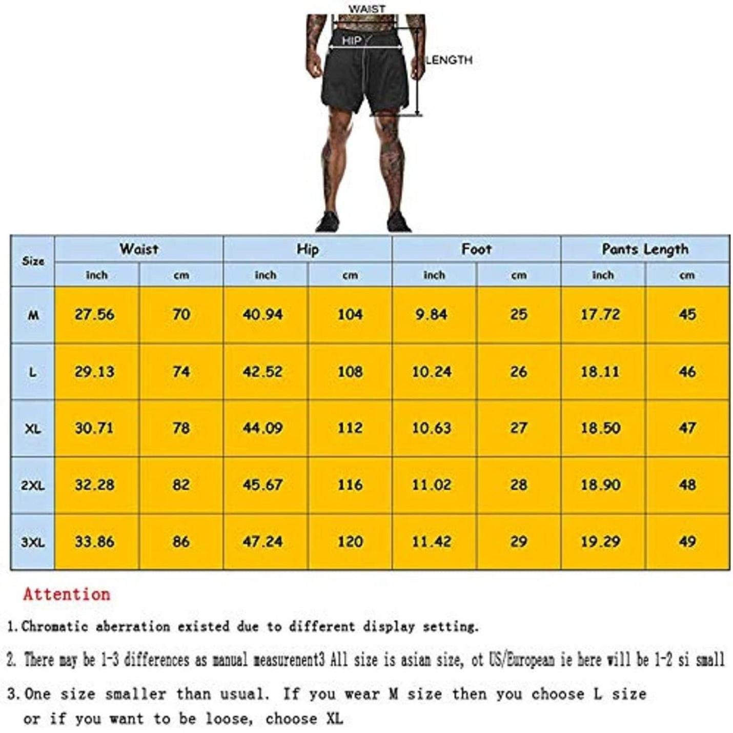 Een maattabel voor Ontdek het ultieme comfort en de functionaliteit van onze heren 2-in-1 shorts, weergegeven over een afbeelding van een persoon die het kledingstuk modelleert, met afmetingen in inches en centimeters voor verschillende maten.