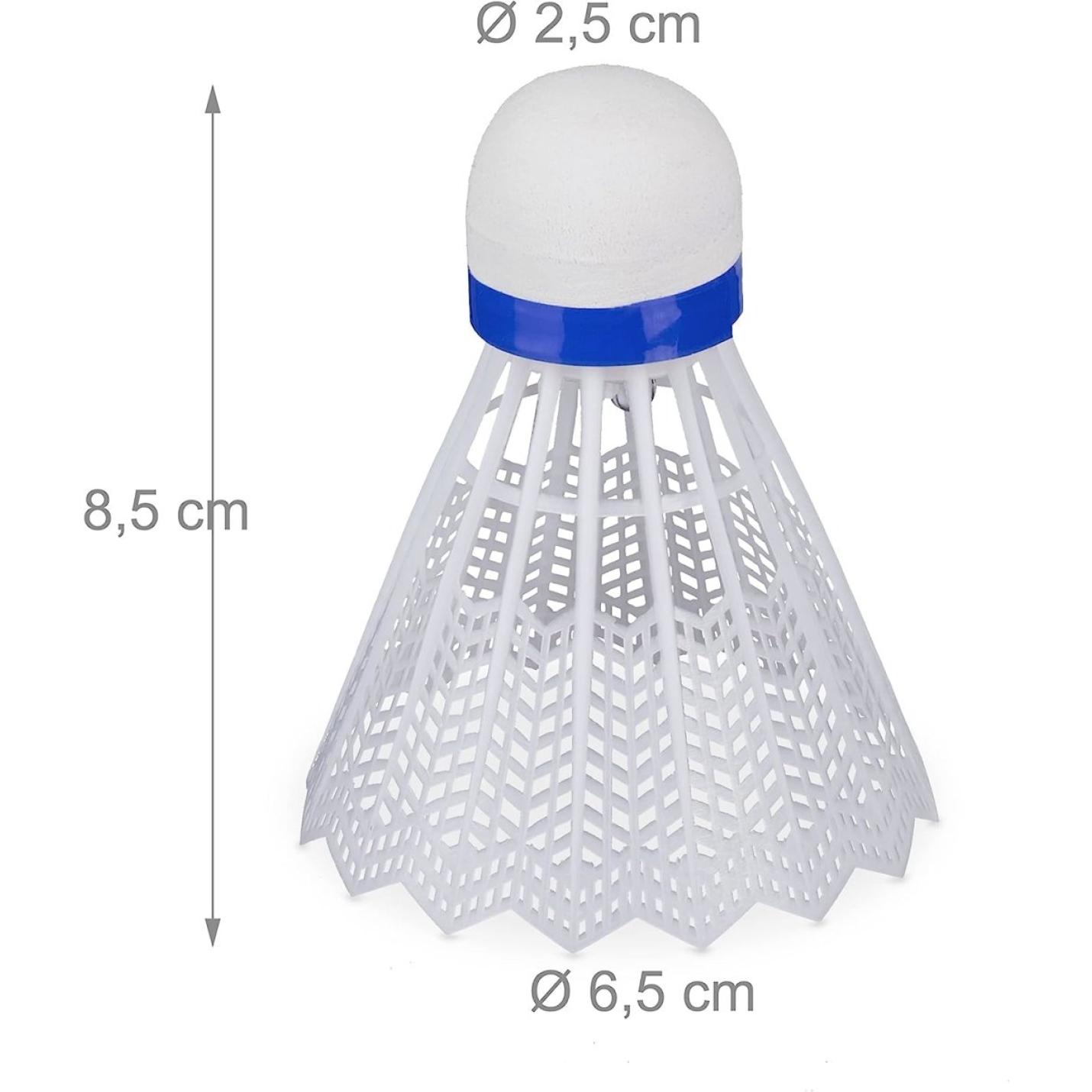 LED verlichte badminton shuttle set: maak van elke wedstrijd een feestje! met een blauwe band, afmetingen vermeld: hoogte 8,5 cm, bovendiameter 2,5 cm, onderdiameter 6,5 cm tegen een witte achtergrond.