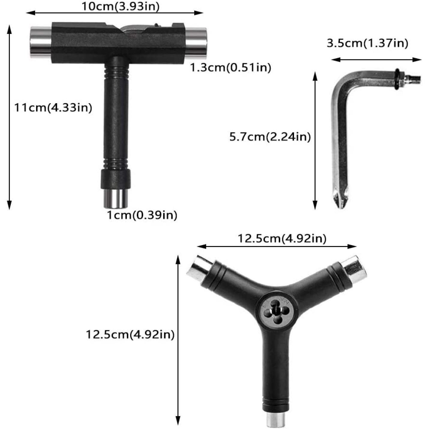 Ontgrendel ultieme controle met de perfecte skate T-sleutelillustratie van drie verschillende metalen gereedschappen met afmetingen aangegeven in centimeters en inches.