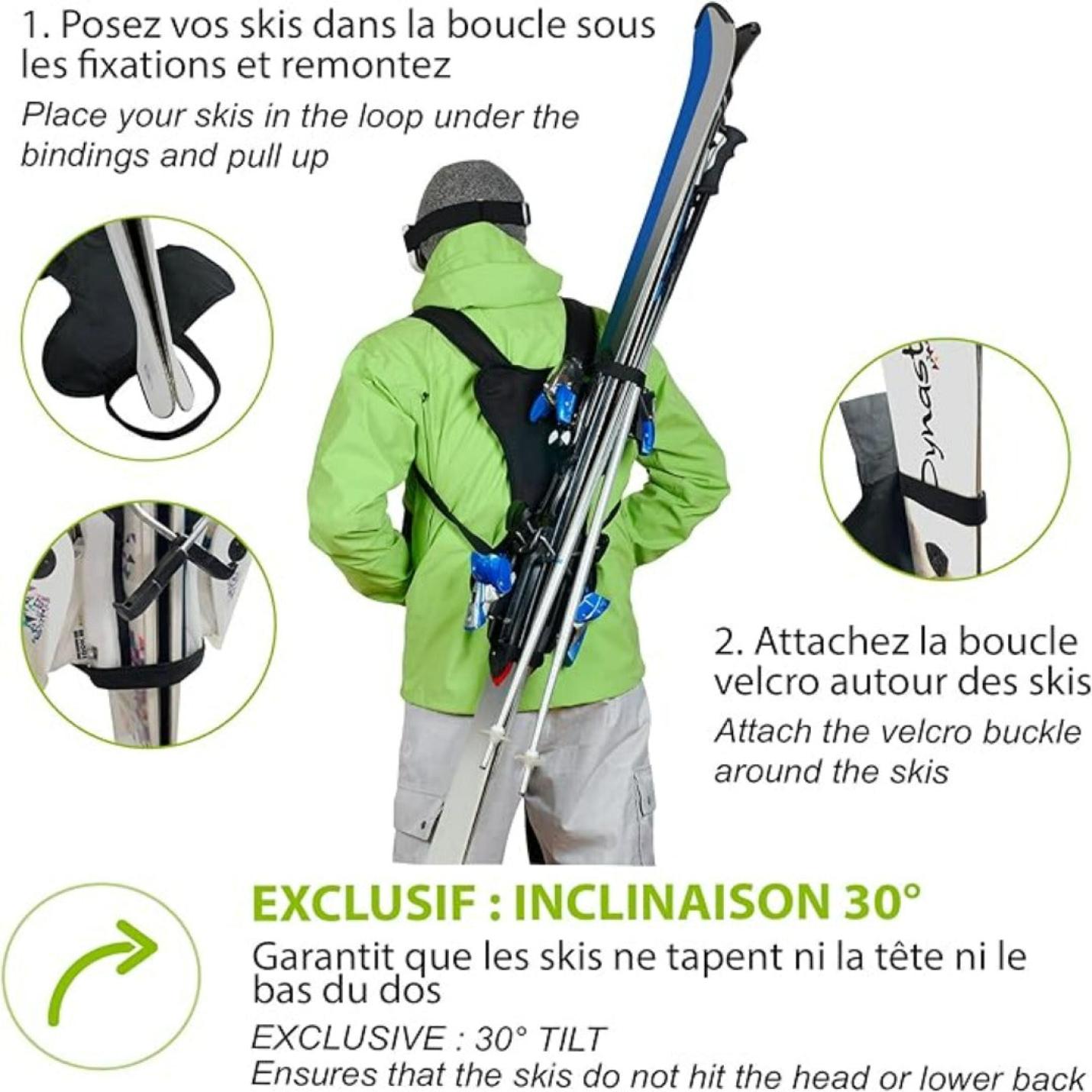 Een gebruikershandleiding die laat zien hoe je een Skiën gebruikt zonder je handen te gebruiken? Met de skiback is het mogelijk! met een illustratie van een skiër die handschoenen draagt, Skiën zonder je handen te gebruiken demonstreert? Met de skiback is het mogelijk!.