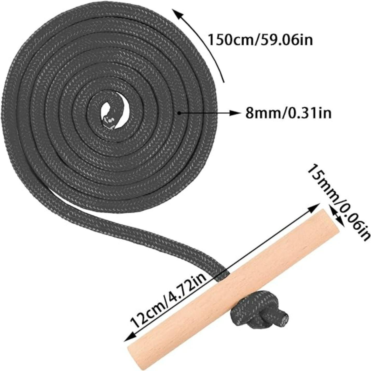 Opgerolde zwarte sleepkabel met gelabelde afmetingen, naast een houten knevel die het gebruik ervan demonstreert.
Productnaam: slaaptouw