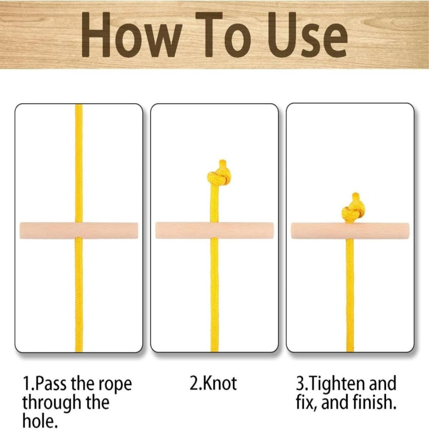 Instructieschema in drie stappen dat laat zien hoe u een Slee Touw gebruikt om een object door een gat te bevestigen.