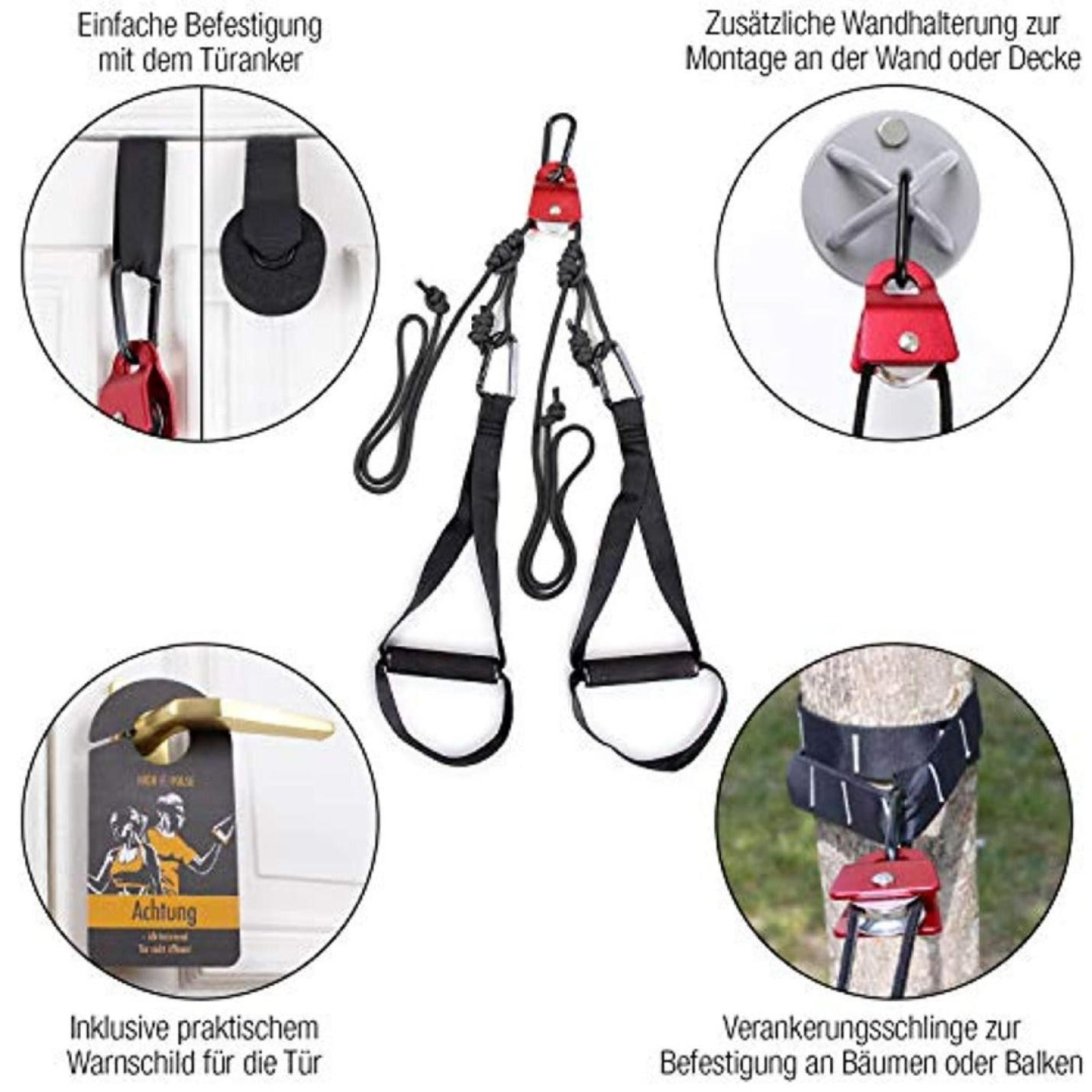 Beeldcollage van een Veelzijdige Suspension Trainer voor een complete training, met de ankerbevestigingen voor een deur, een muur, een boom en een balk, samen met een waarschuwingsbordaccessoire.