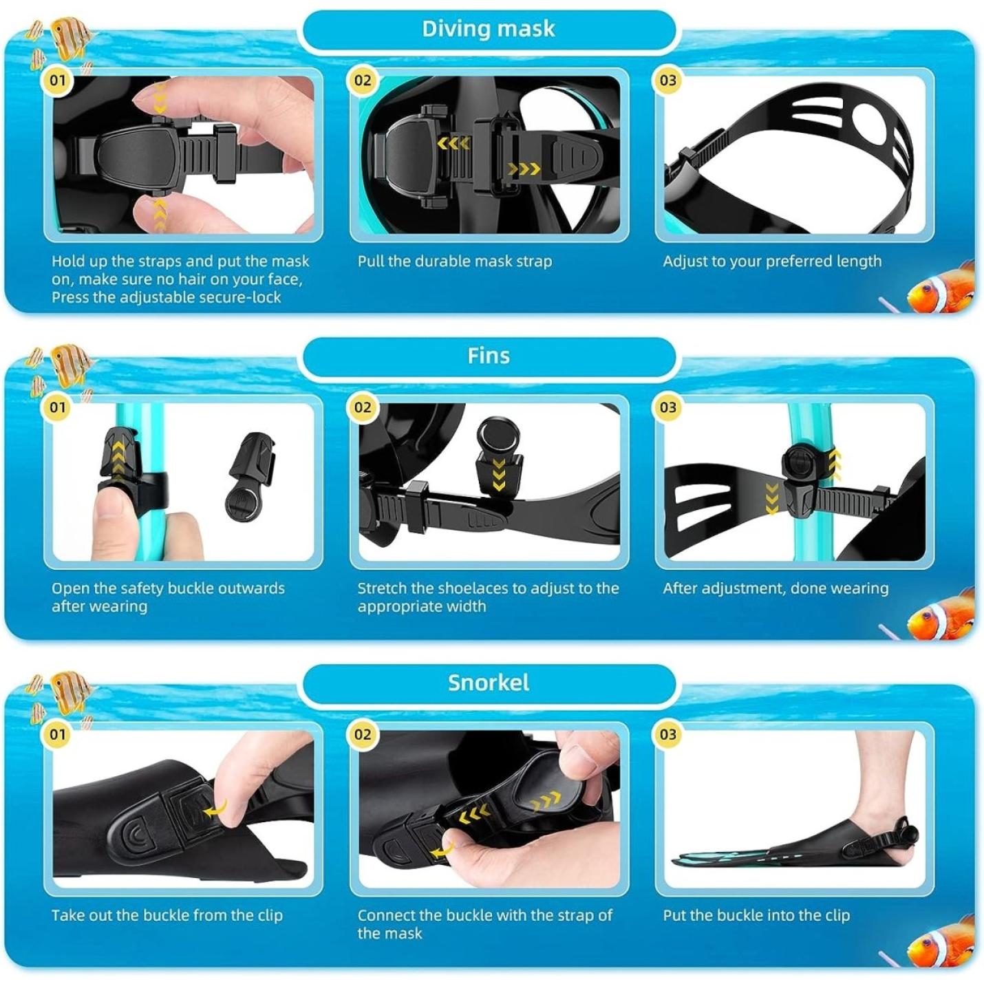 Instructiediagrammen die de stappen tonen voor het correct passen en afstellen van een Duik in avontuur met onze complete snorkelset voor volwassenen! met gehard glas, vinnen en een droge snorkel.