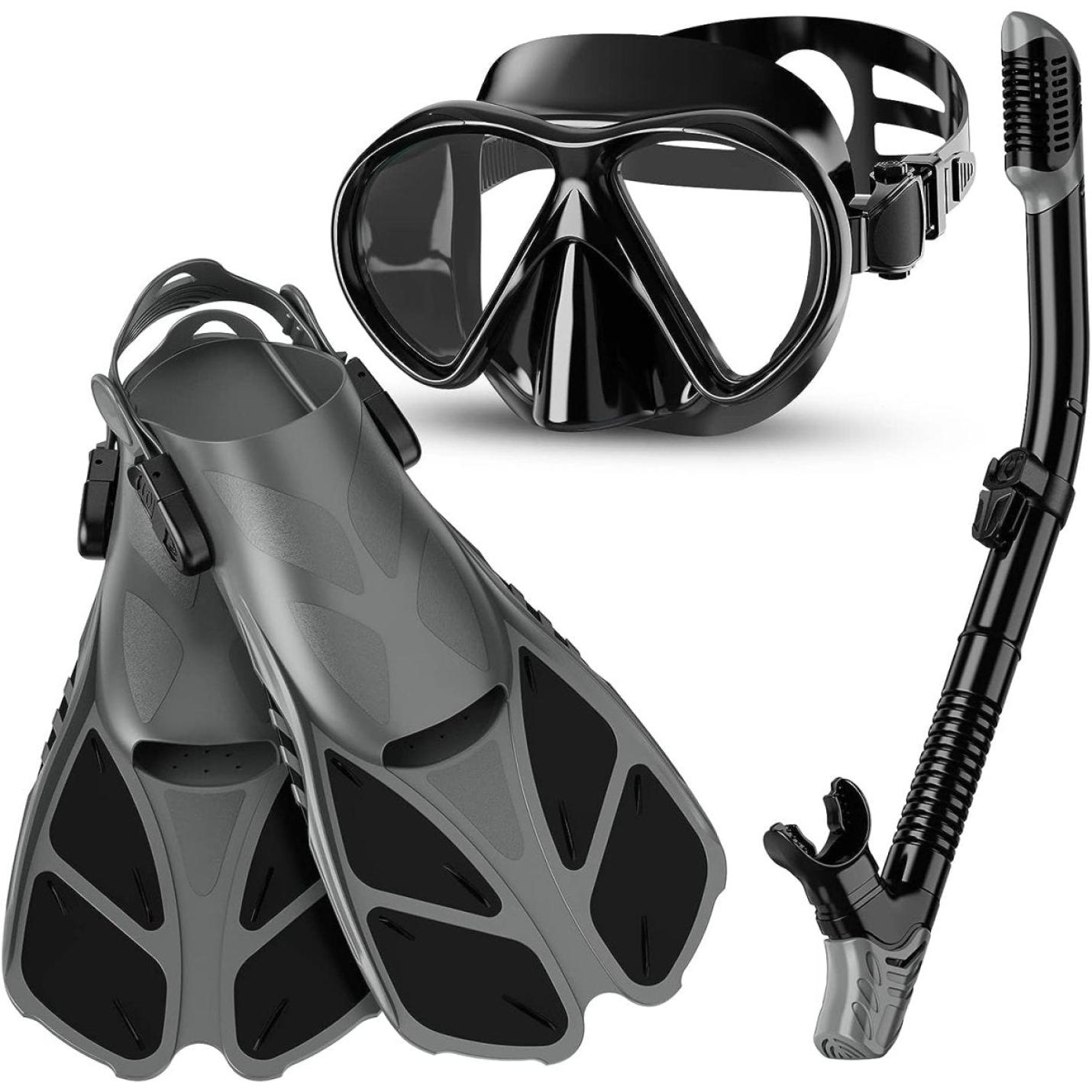 Snorkelset voor volwassenen inclusief vinnen, een duikbril met gehard glas, en een droge snorkel.
Productnaam: Duik in avontuur met onze complete Dolphin snorkelset voor volwassenen!