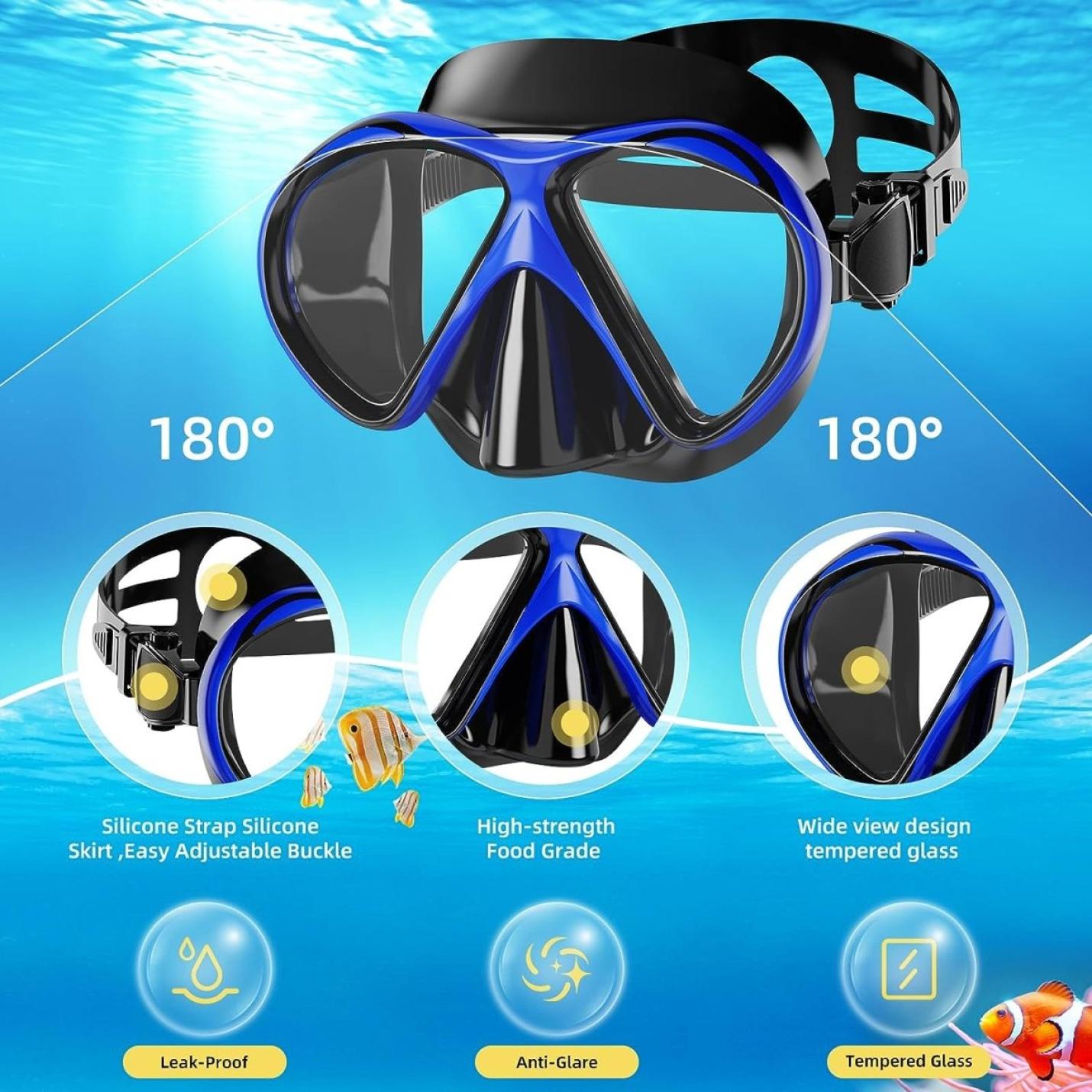 Promotionele afbeelding waarin de kenmerken van een Duik in avontuur met onze complete snorkelset voor volwassenen worden benadrukt, met gehard glas, siliconen band en antireflectie-eigenschappen.