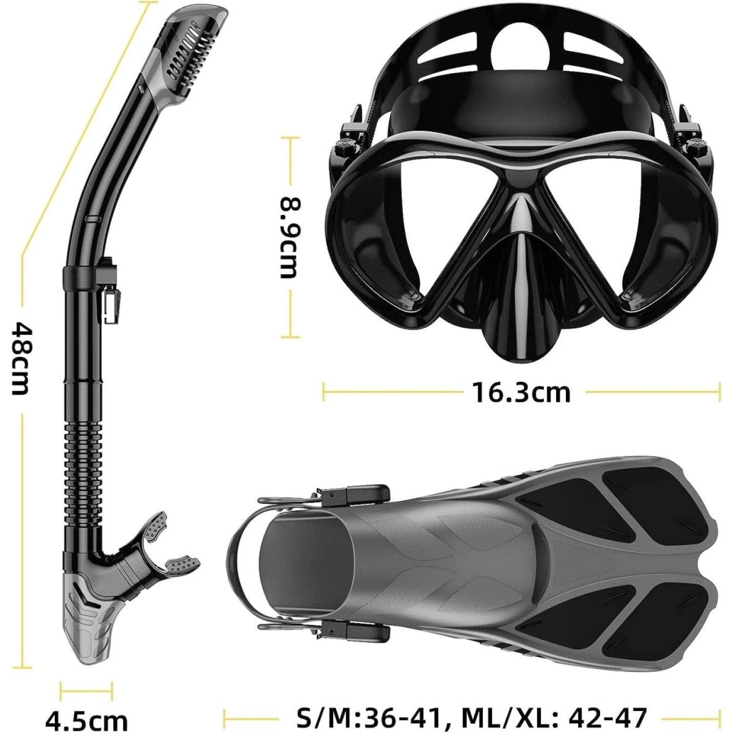 Duikuitrustingset inclusief een Droge-snorkel, masker en vinnen met gedetailleerde maatmetingen.