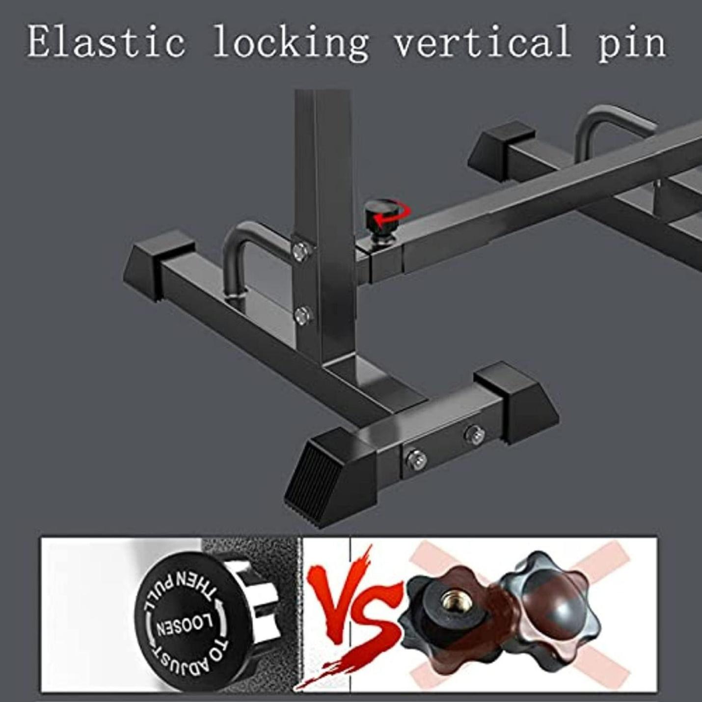 Zin met ingevoegde productnaam: Illustratie die een elastische vergrendeling verticale pin met Neem je training naar nieuwe hoogtes met het verstelbare multifunctioneel squat rack op een mechanisch apparaat sensor, waarbij de superioriteit en duurzaamheid van het elastische ontwerp worden uitgesloten.