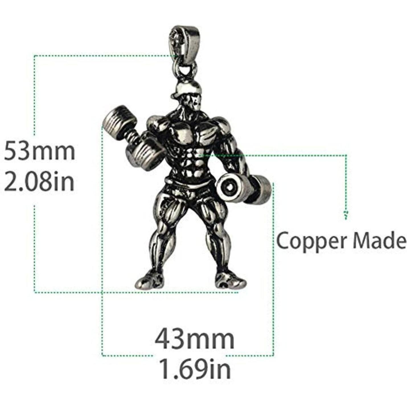 Stijlvolle bodybuilder sleutelhanger in de vorm van een gespierde man die dumbbells optilt, dienst doend als een hoogwaardige bodybuilder sleutelhanger van materiaal, met afmetingen gelabeld op 53mm bij 43mm: een must-have voor elke fitnessliefhebber.