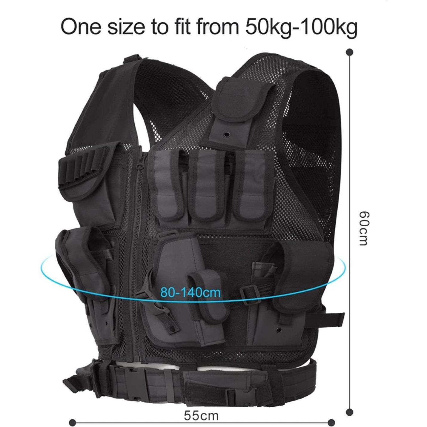 Multifunctioneel tactisch vest met meerdere zakken en verstelbare bandjes, weergegeven met aantekeningen over de afmetingen en het gewichtsvermogen, gemaakt van hoogwaardig nylon.