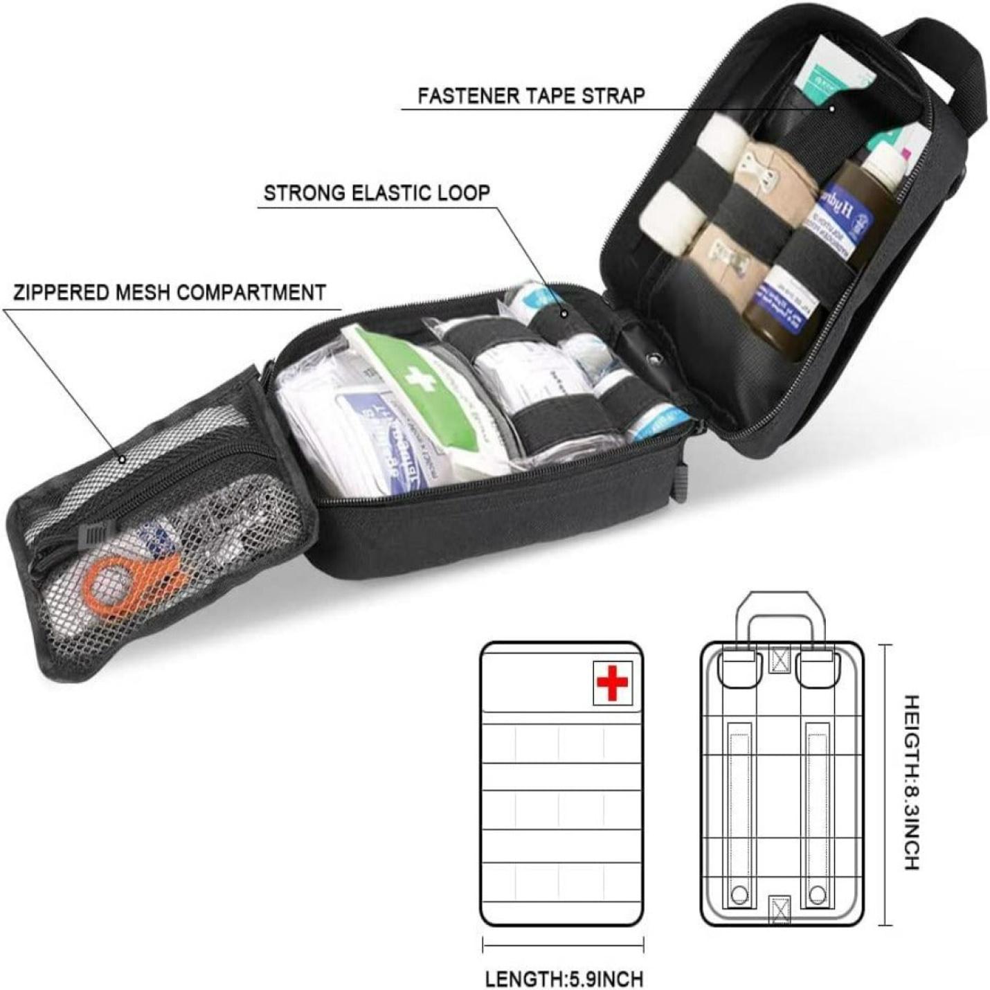 Open zwart Ontdek de ultieme metgezel voor avonturiers - de zwarte tactische heuptas voor outdoor-activiteiten gemaakt van 600D nylon materiaal, met inhoud en compartimenten met labels die afmetingen en kenmerken weergeven.