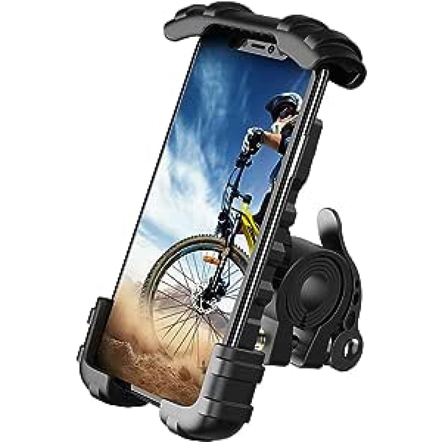 Een smartphone gemonteerd op een stuur met een Telefoonhouder voor op de fiets, met op het scherm een fietsapp met een idyllisch mountainbiketafereel.