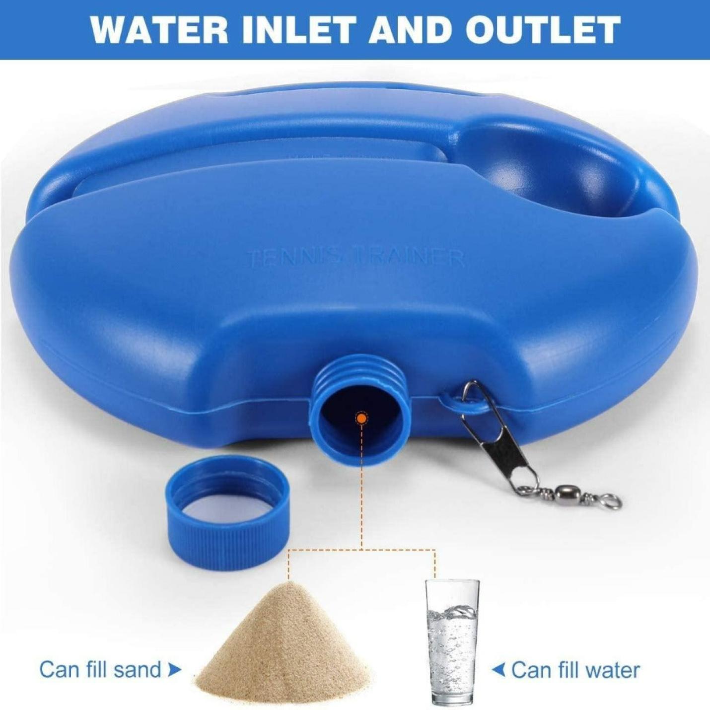 Tennistrainerbasis met waterinlaat en zandvulmogelijkheden, inclusief elastisch koord.