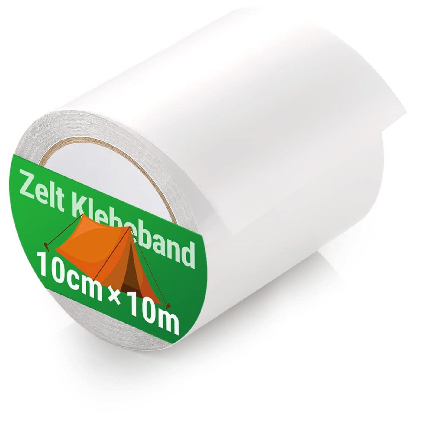 Een rol witte tentreparatietape met een groen label met een oranje tent en de afmetingen "10 cm x 10 m" op een witte achtergrond is waterdicht.
Productnaam: Tenttape: de onmisbare reparatietape voor je tent