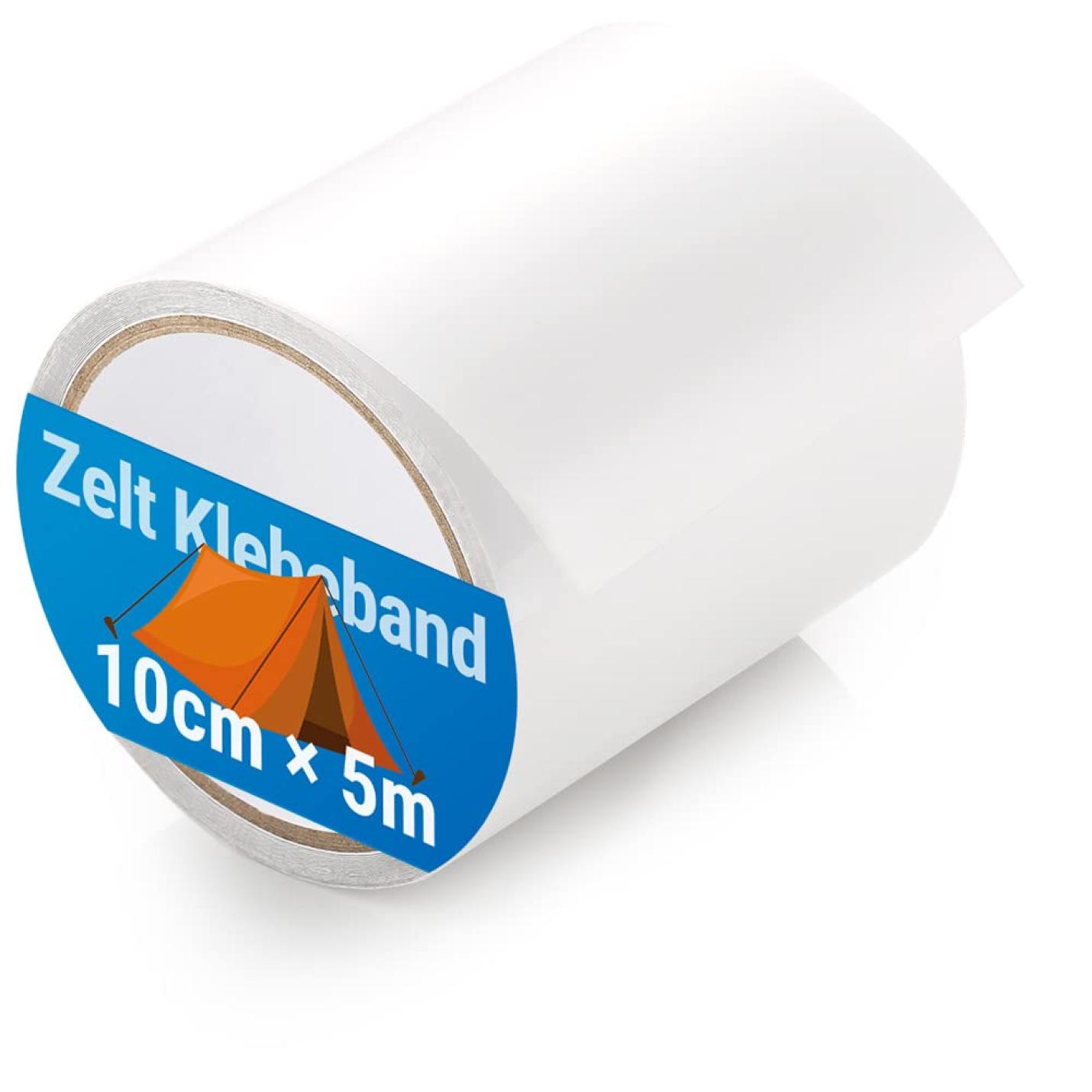 Tenttape: de onmisbare reparatietape voor je tent met blauw label met daarop een oranje tentpictogram, met het opschrift "PET-reparatietape 10cm x 5m.