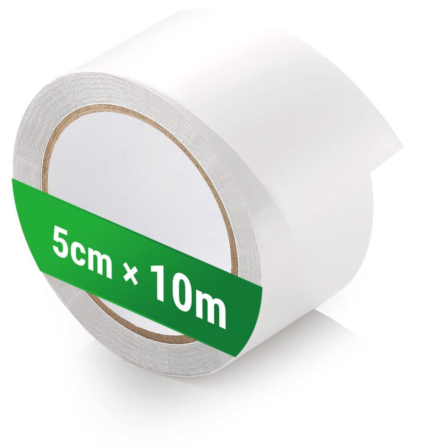 Rol witte waterdichte tenttape met een groen label dat de grootte aangeeft, 5 cm x 10 m, weergegeven op een witte achtergrond.