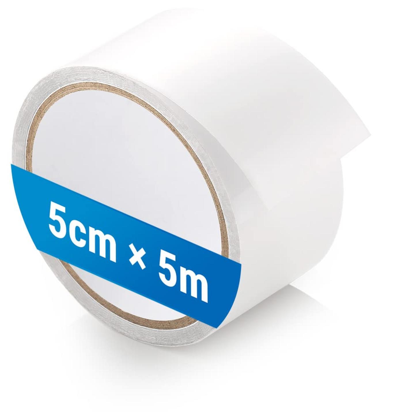 Rol witte waterdichte lijm Tenttape met blauw label met aanduiding "5cm x 5m", weergegeven op een lichtgrijze achtergrond.