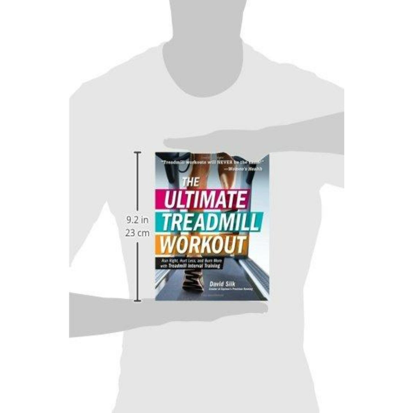 Silhouet van een persoon die een boek vasthoudt met de titel "The Ultimate Treadmill Workout: Run Right, Hurt Less, and Burn More with Treadmill Interval Training" van David Siik, waarbij de omslag prominent zichtbaar is.