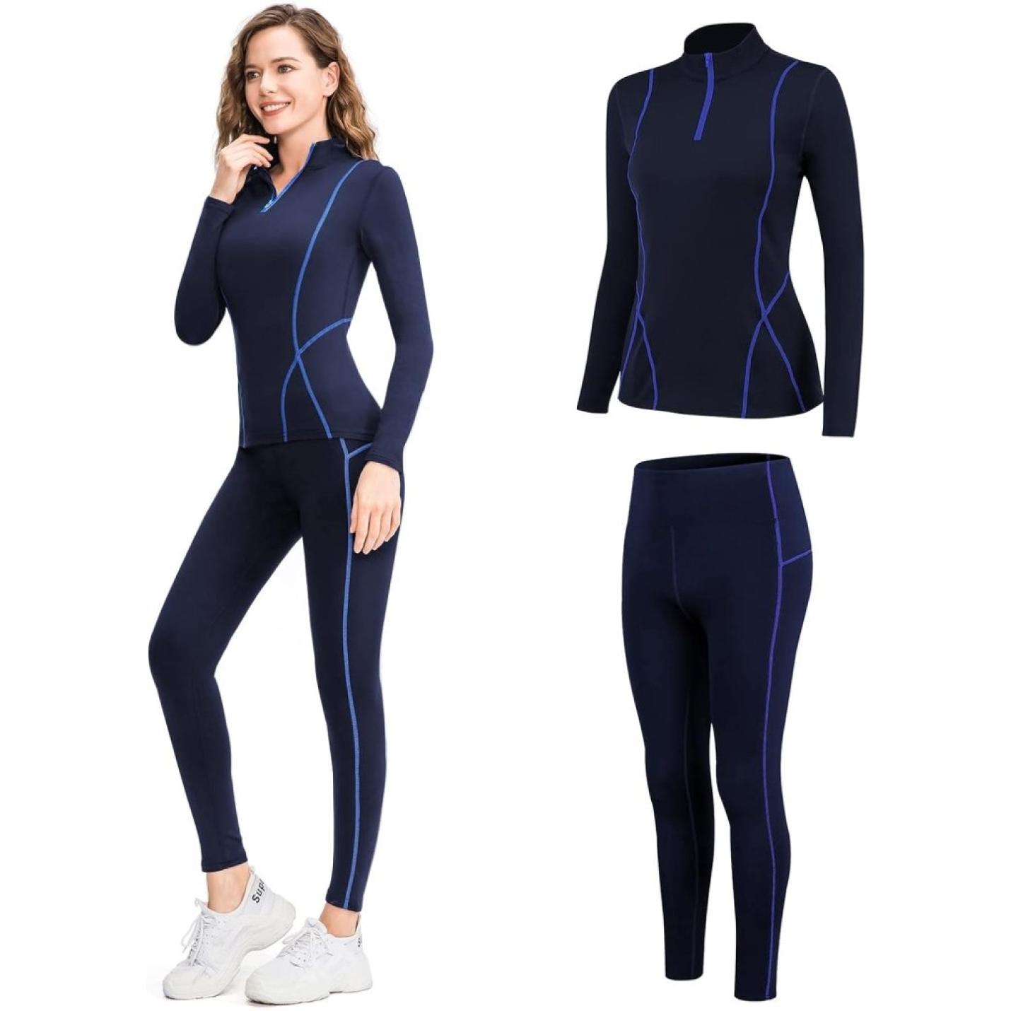 Thermisch ondergoed voor dames, met winddichte opstaande kraag, set thermisch ondergoed, ski-ondergoed, ademend, flexibel, thermo-onderhemd en -broek - happygetfit.com