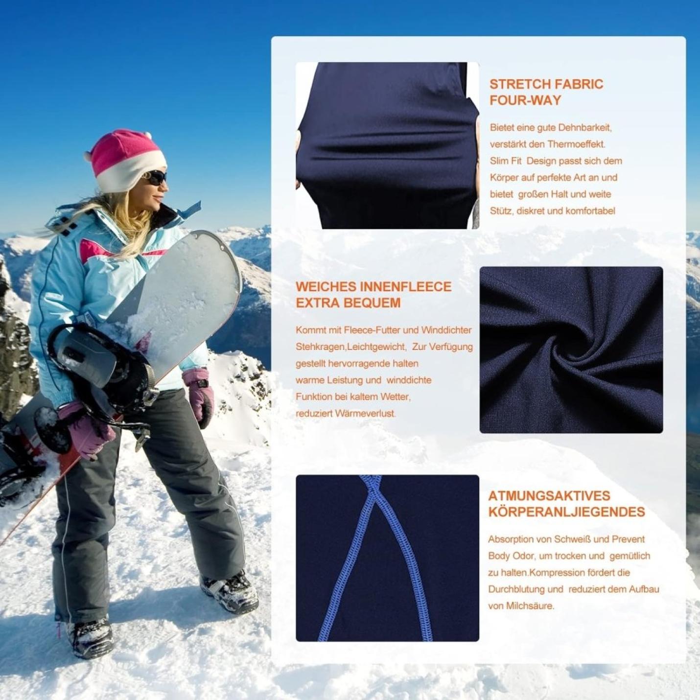 Thermisch ondergoed voor dames, met winddichte opstaande kraag, set thermisch ondergoed, ski-ondergoed, ademend, flexibel, thermo-onderhemd en -broek - happygetfit.com